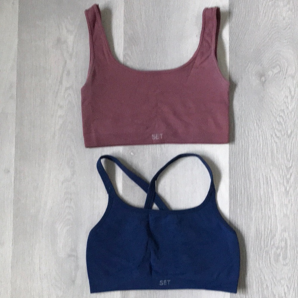 SET ACTIVE SEAMLESS SPORTS BRAS BLUE PINK STRETCH COMFORT WOMENS MEDIUM